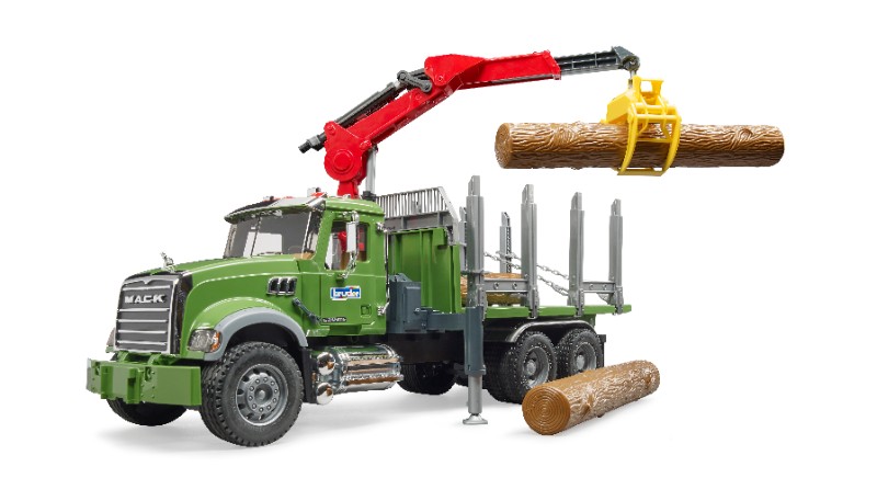 MACK Granite timber truck with loading crane and 3 trunks